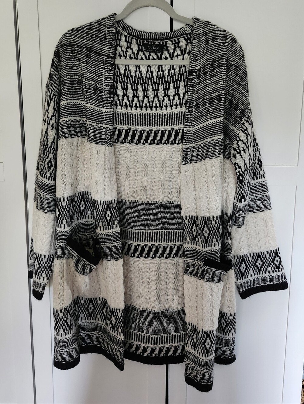 Cream & Black Patterned Open Cardigan Sweater Sz M